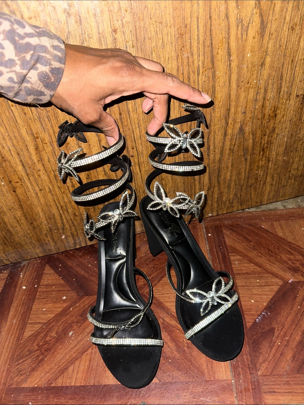 Black Strappy Crystal Floral Block Heel Sandals